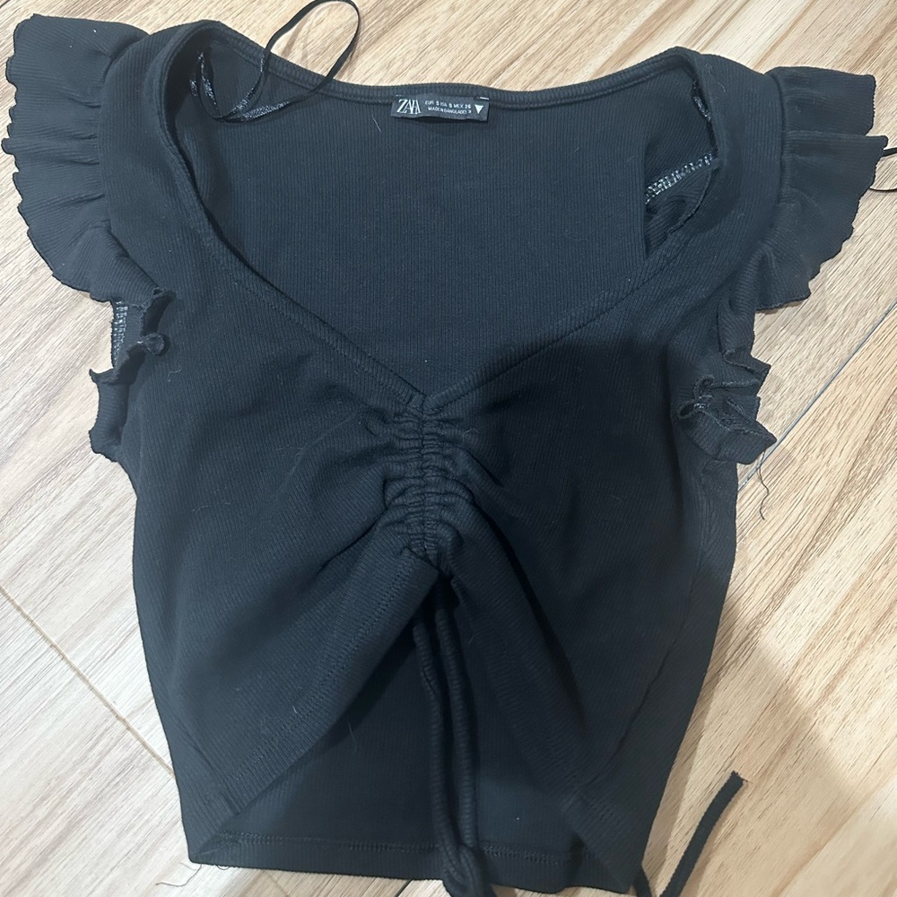 Zara Black Ribbed Ruched Crop Top with Ruffle Sleeves Women’s S